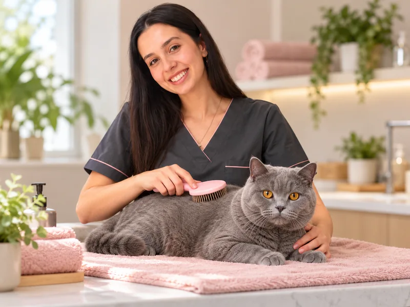 Ilustração com IA de profissional da equipe Vetier escovando com delicadeza um gato cinza