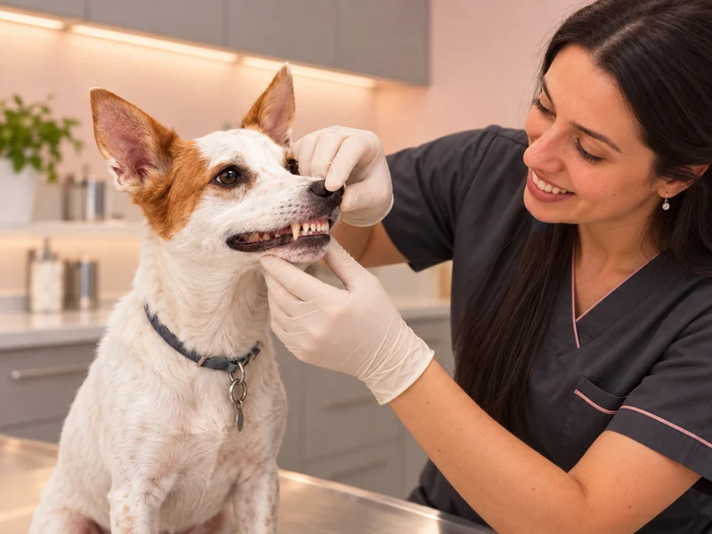 Ilustração gerada por IA de veterinária com referência na profissional de cabelo escuro da equipe durante avaliação odontológica canina
