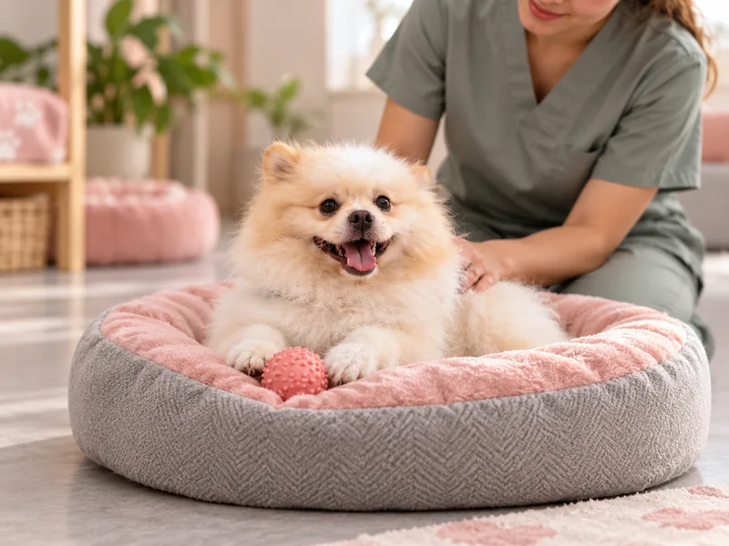 Ilustração criada com IA de cão confortável em cama pet com profissional por perto