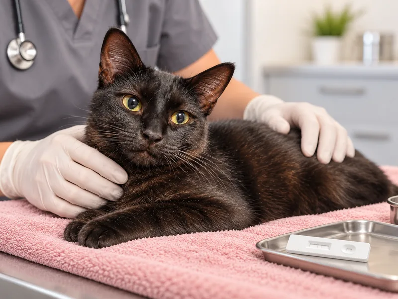 Ilustração gerada por IA de gato tranquilo em avaliação veterinária, com teste rápido felino ao lado, sem resultado apresentado