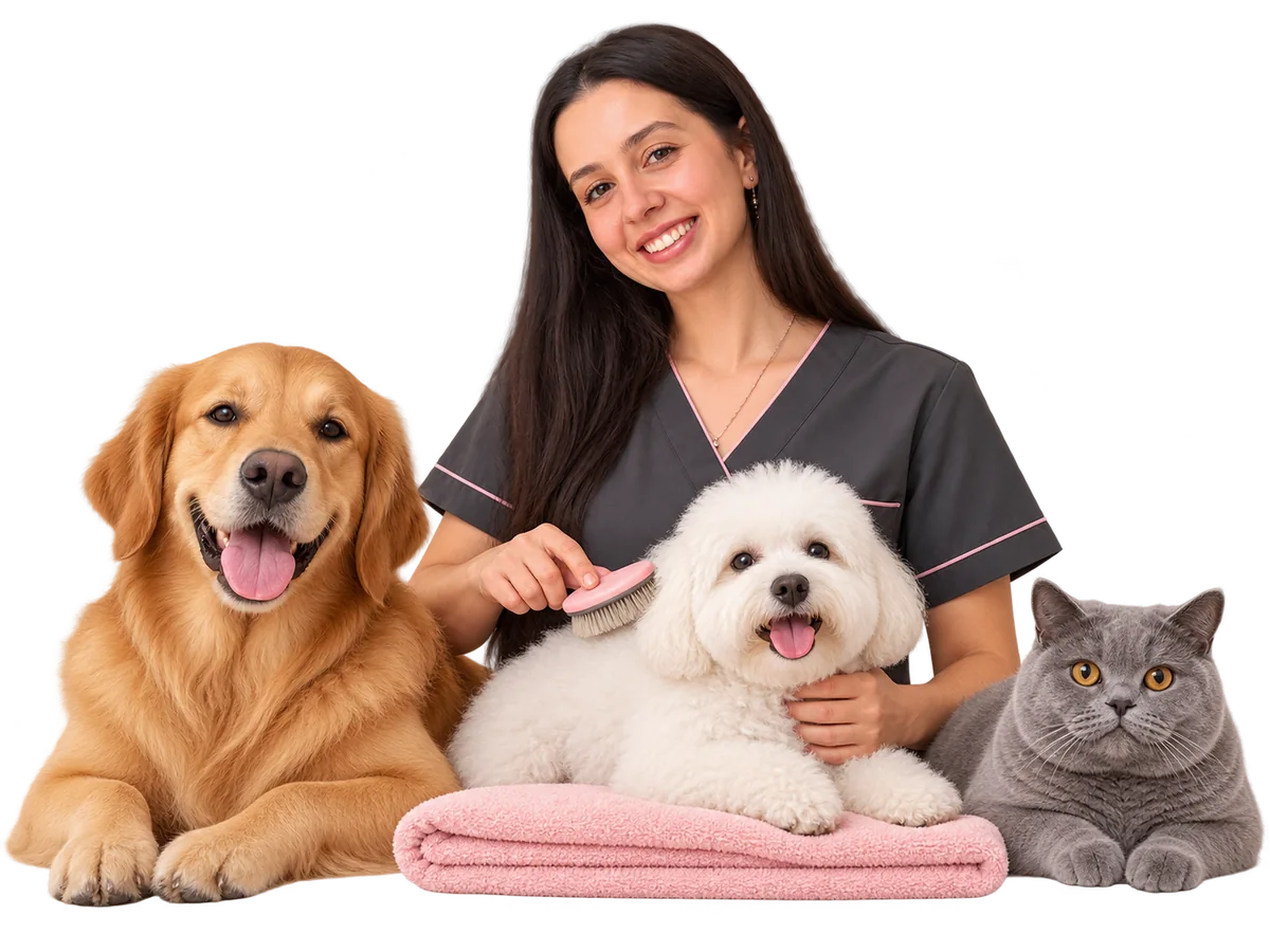 Ilustração com IA da equipe Vetier em cena de banho e tosa, com cão e gato