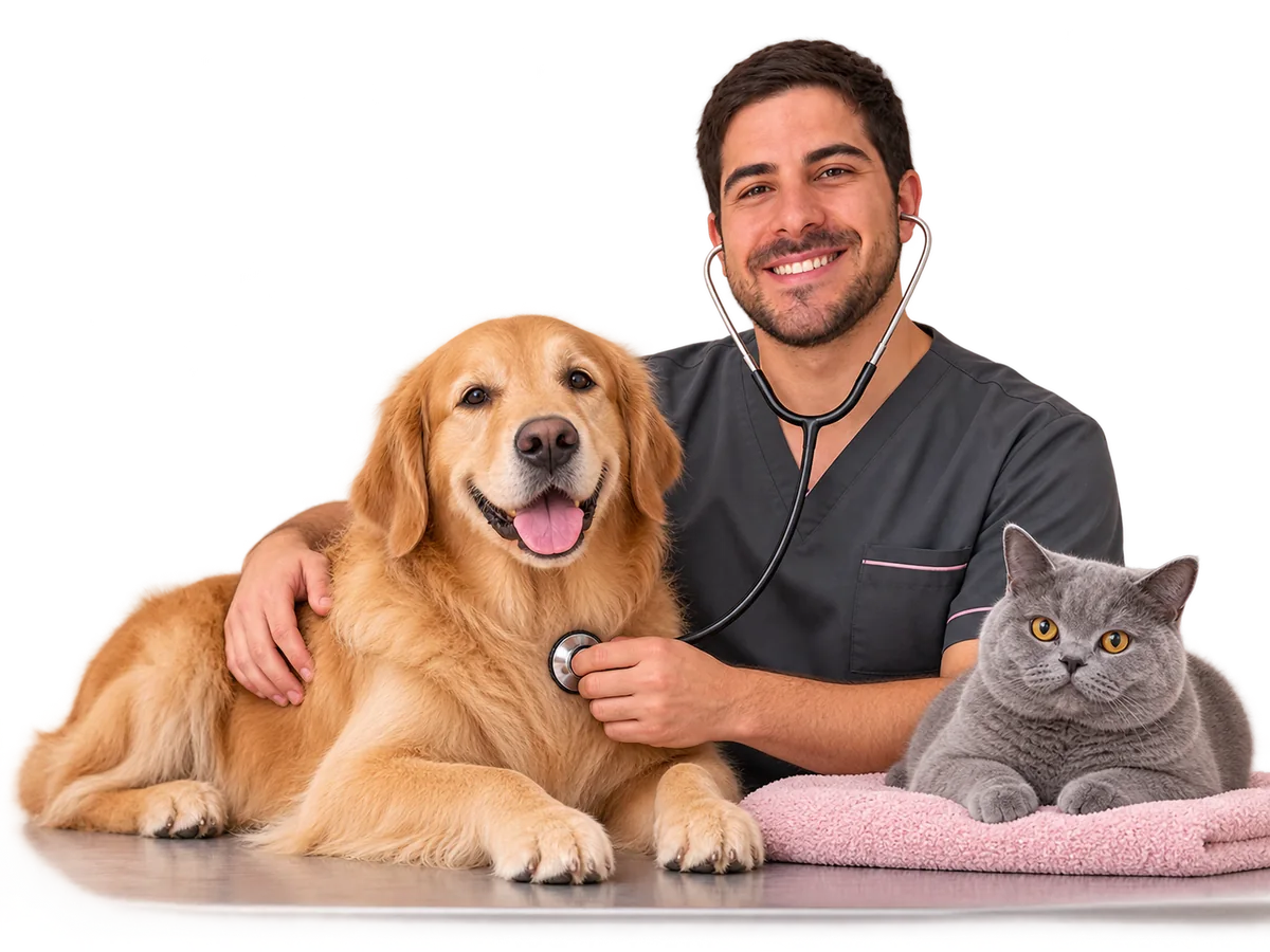 Ilustração com IA da equipe Vetier em cena de consultas vacinas, com cão e gato