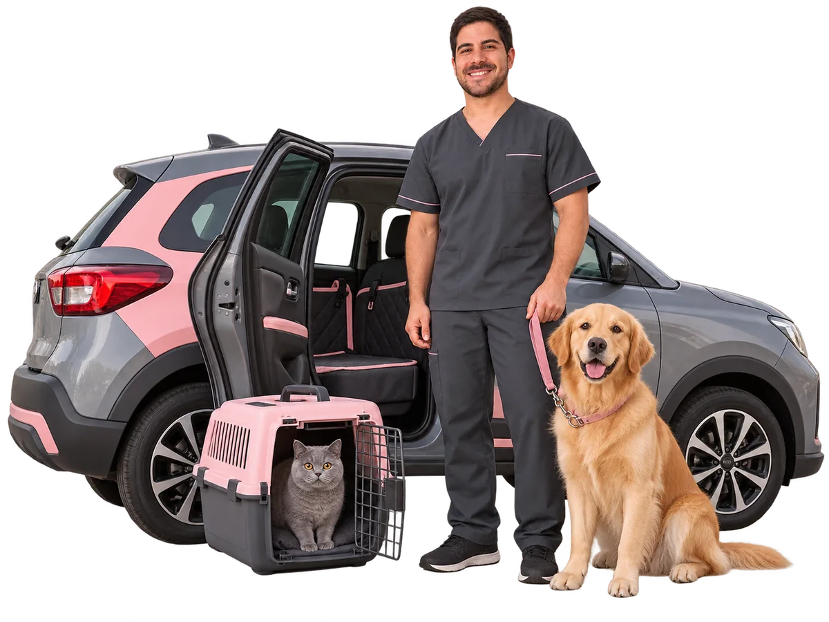 Ilustração com IA da equipe Vetier em cena de taxi dog, com cão e gato
